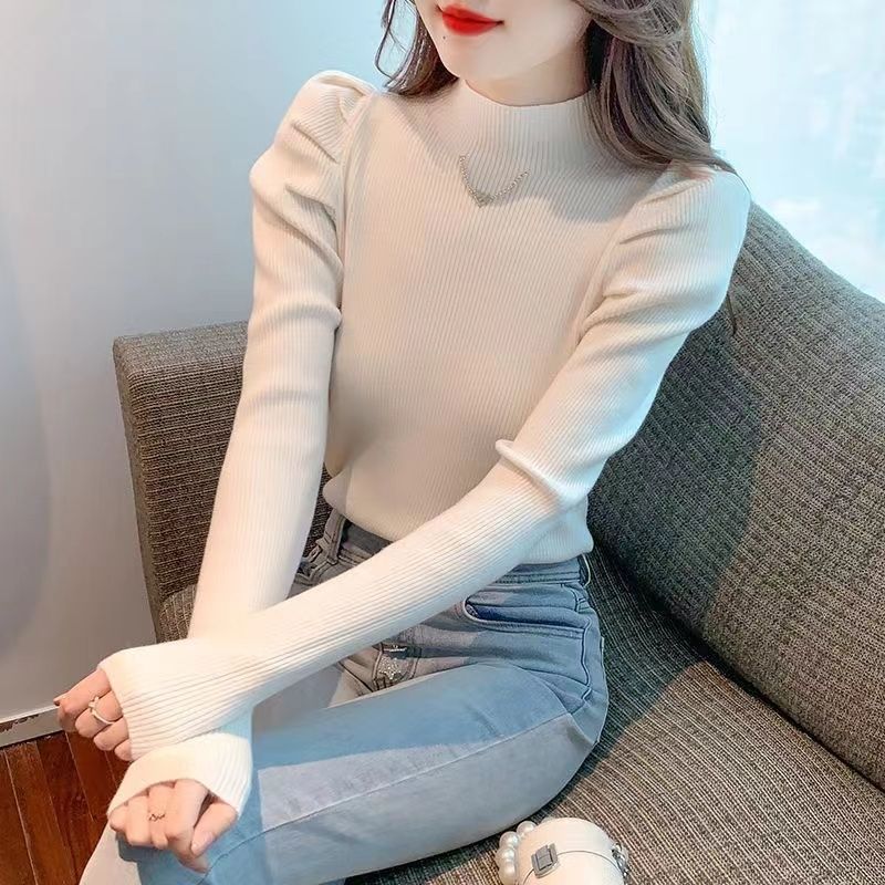 Puff Sleeve Sweater Half Turtleneck Slim Fit