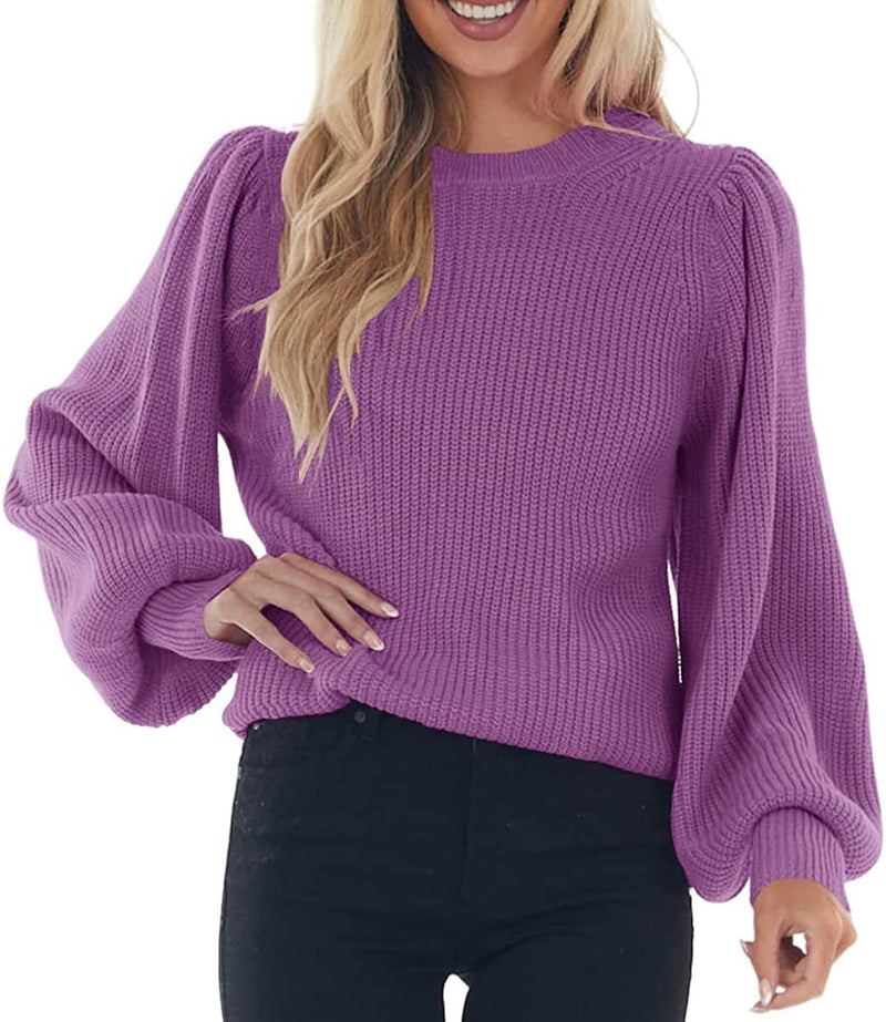 Women's Bubble Long Sleeve Oversized Casual Round Neck Rib Thick Knitted Loose Pullover