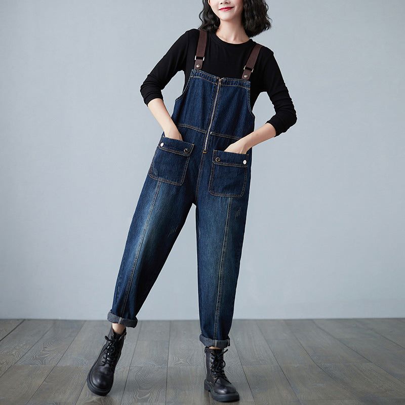 Slim Loose-fitting Dark Wash Jumpsuit For Women