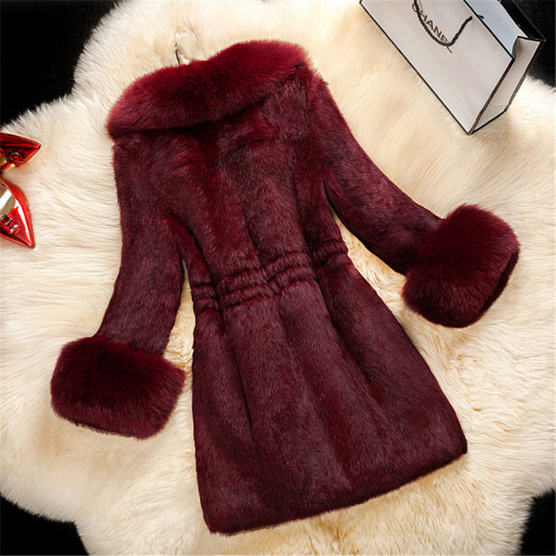 High-end female imitation rabbit fur coat in the long section of the oversized fox fur collar coat new fur