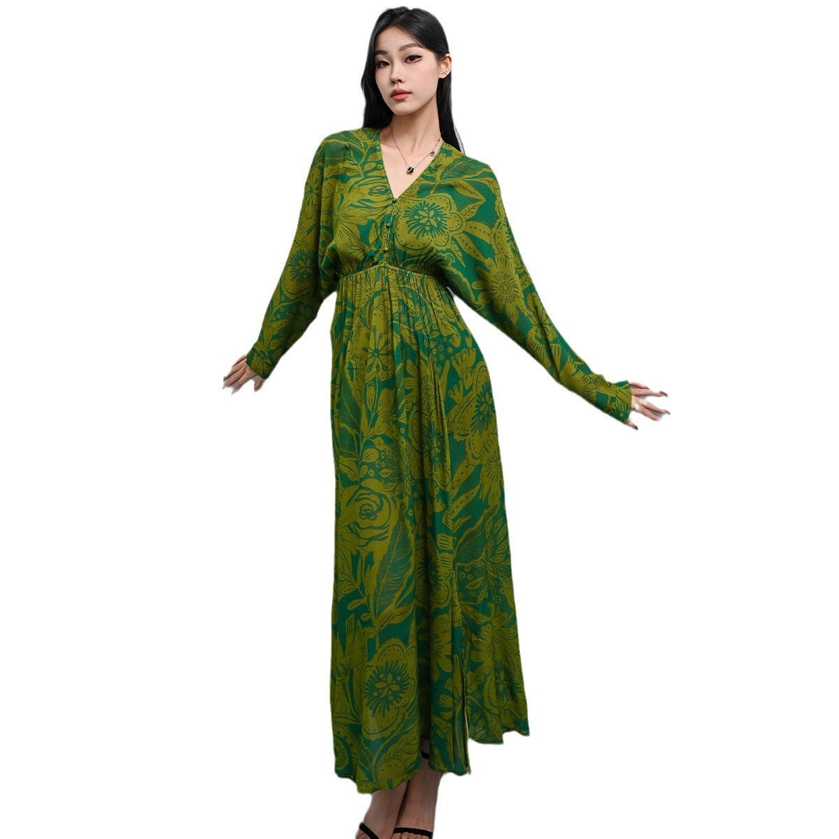 Pattern Printed V-neck Long Sleeve Long Dress Casual And Comfortable