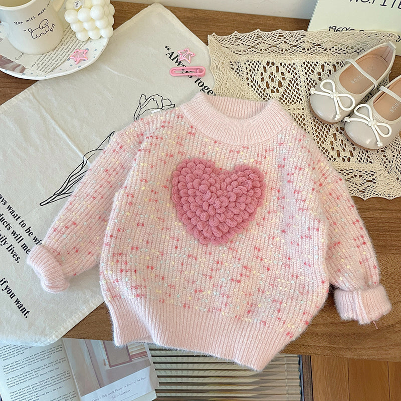 Three-dimensional Furry Heart-shaped Colorful Knitted Pullover Thick Sweater