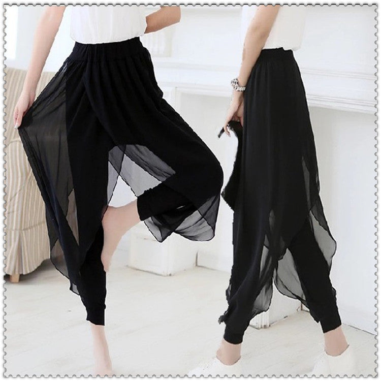 Solid Chiffon Harlem Slacks Fake Two Yoga Leggings