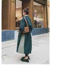 Women's Fashion Stitching Dark Green Woolen Coat In Winter