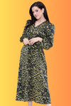 Olive Leopard Print V Neck Satin Midi Maxi Dress