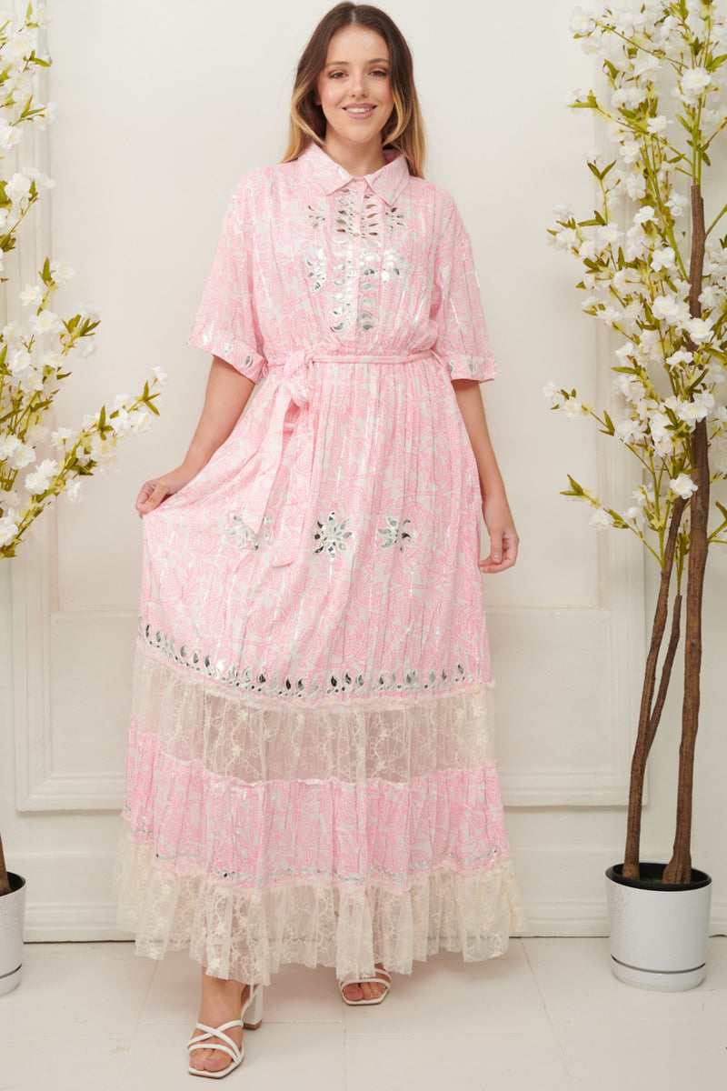 Ditsy pink lace dress with collar neck