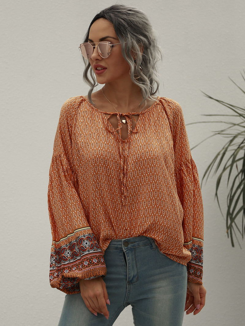 Vintage Ethnic Boho Print Tie Shirt