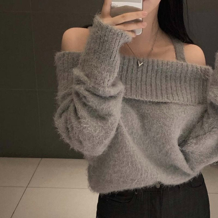 Off-the-shoulder Off-neck Sweater Women's Large Knitted Top