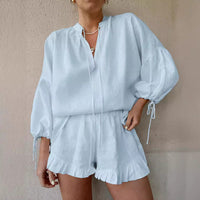 Cotton And Linen Solid Color Loose V-neck Lantern Sleeve Shorts Two-piece Set