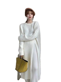 Loose And Idle Pullover Side Slit Over The Knee Knitted Sweater Dress