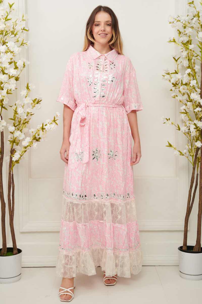 Ditsy pink lace dress with collar neck