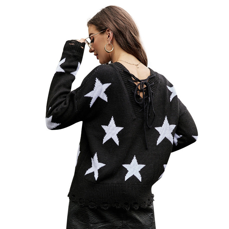 V-neck Knitted Sweater Five-star Jacquard Loose Pullover