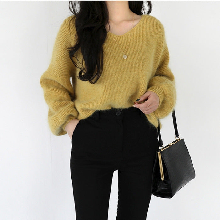 Mohair Pullover V-neck Padded Sweater Woman