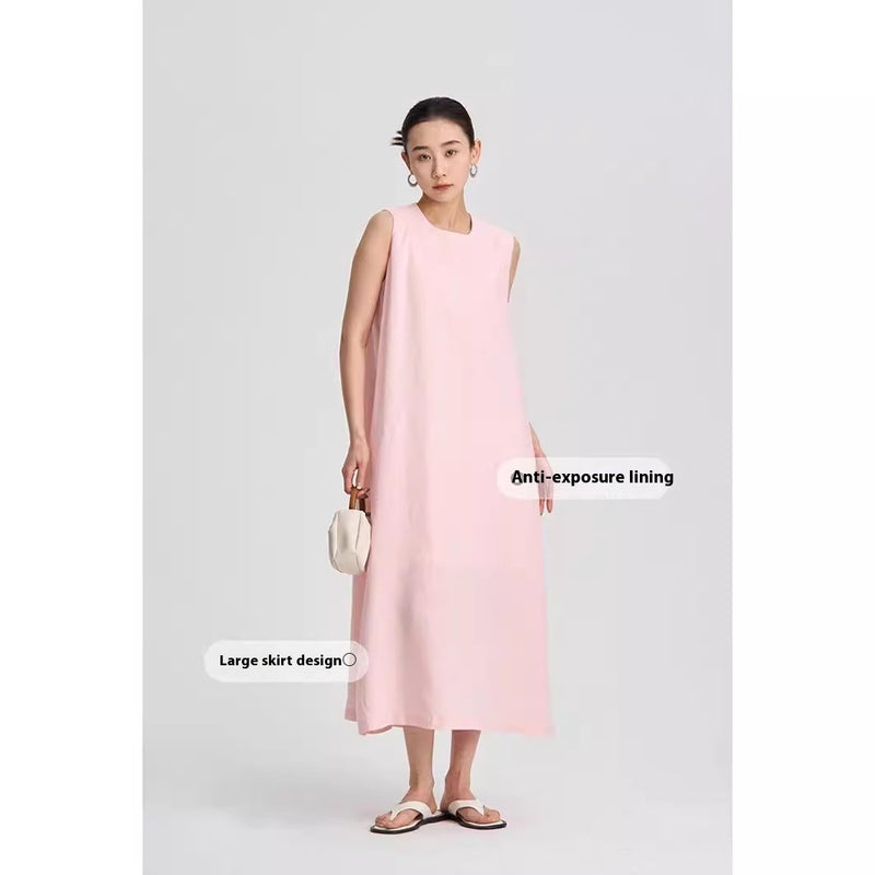 Linen Round Neck Sleeveless Dress Anti-exposure Midi Dress