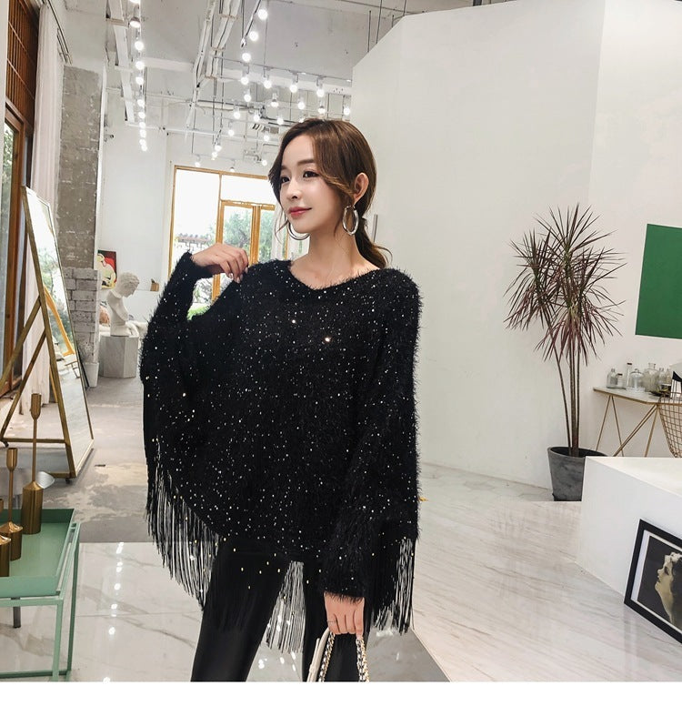 Autumn And Winter Sequined Tassels Loose-fitting Cape And Shawl Pullover Sweater