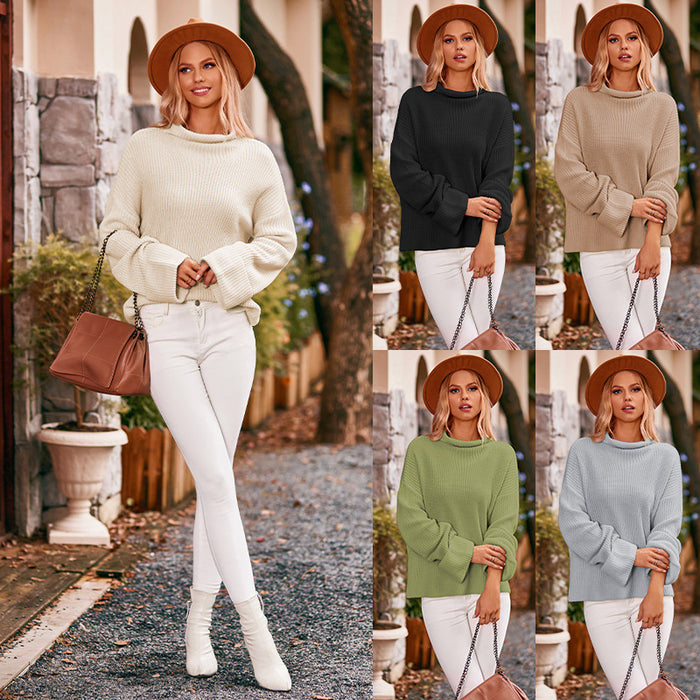 Fashion High Collar Pullover Sweater Slit Hemline At Hem Women