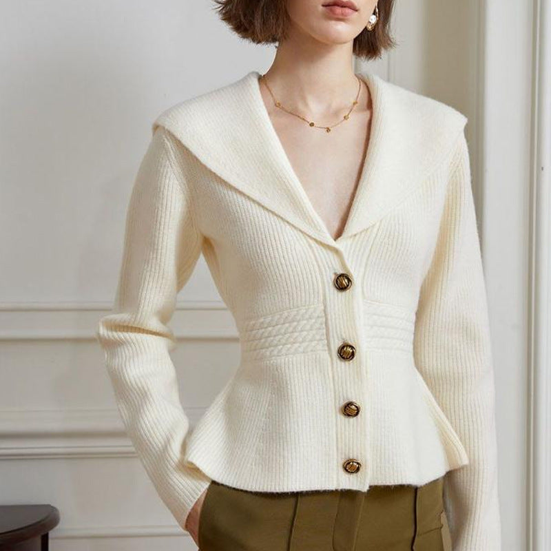 French Style Large Lapel Nipped Waist Knit Sweater Women's Coat