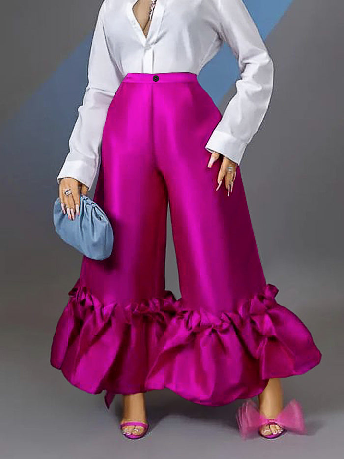 Patchwork Ruffled Loose High Waist Wide-leg Casual Pants