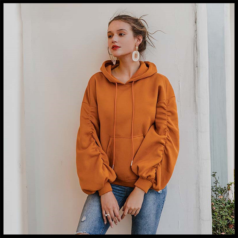 Pumpkin Color Pleated Pullover Sweater Hong Kong Style Hooded Solid Color Loose Sweater