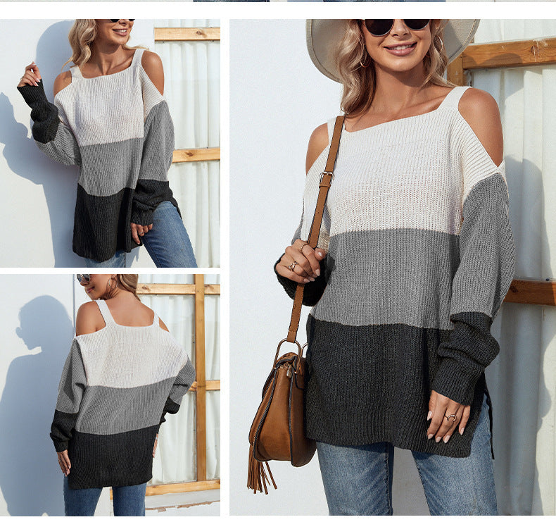 Contrast Color Off-the-shoulder Split Sling Sweater