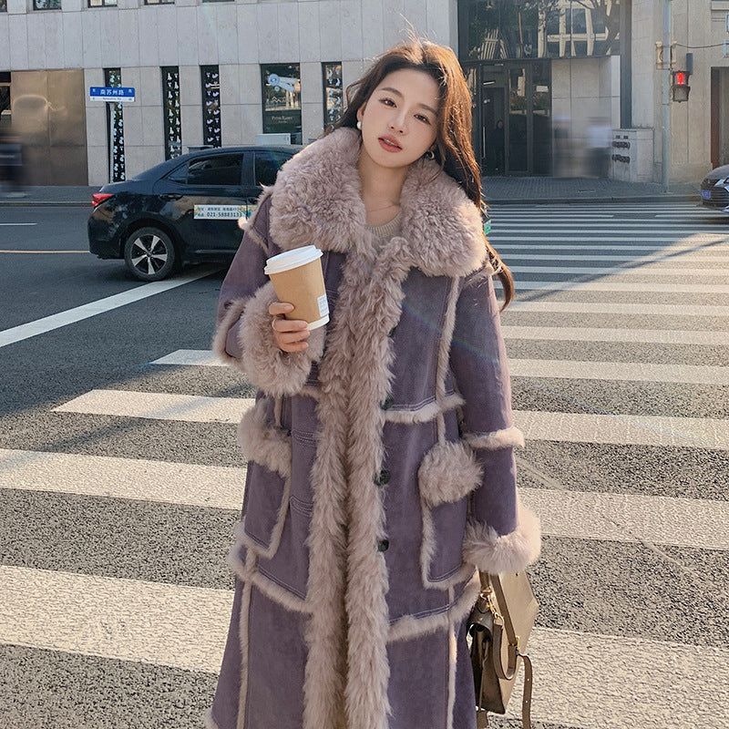 Women's, Purple Fur Fur Integrated Lamb Wool Coat