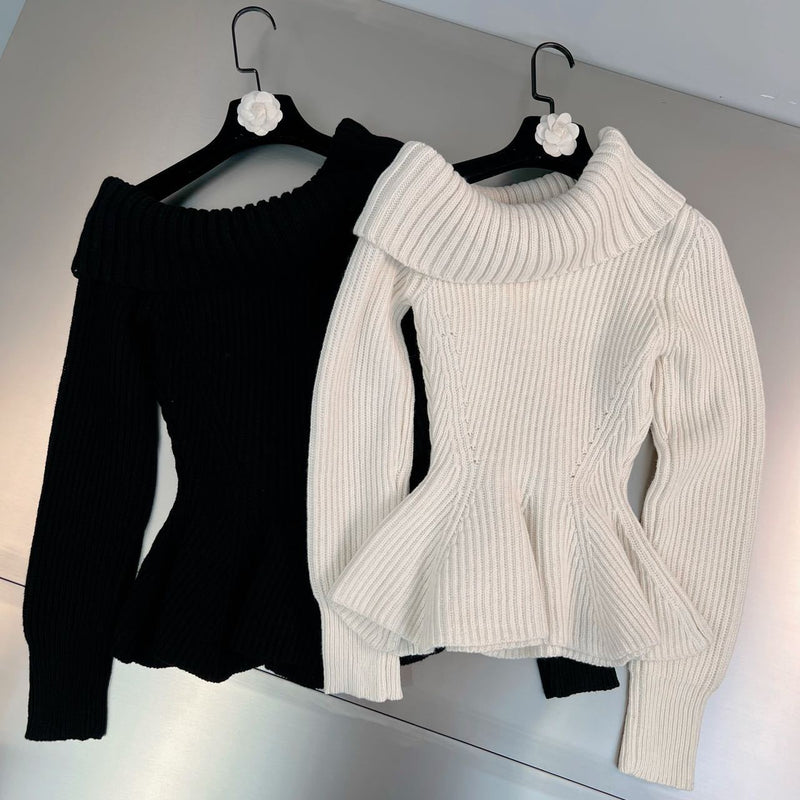 Flap Raglan Shoulder Long Sleeve Waist Ruffle Sweater