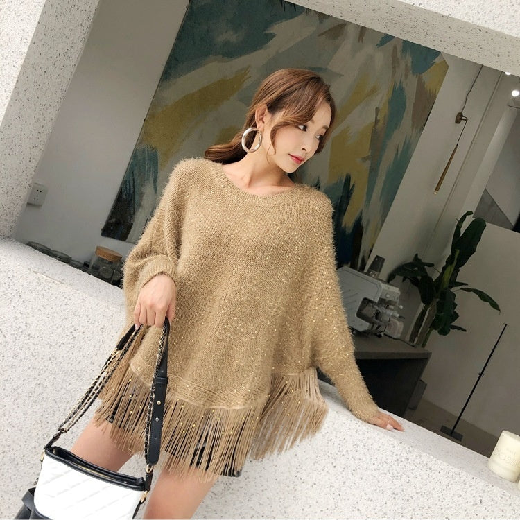 Autumn And Winter Sequined Tassels Loose-fitting Cape And Shawl Pullover Sweater