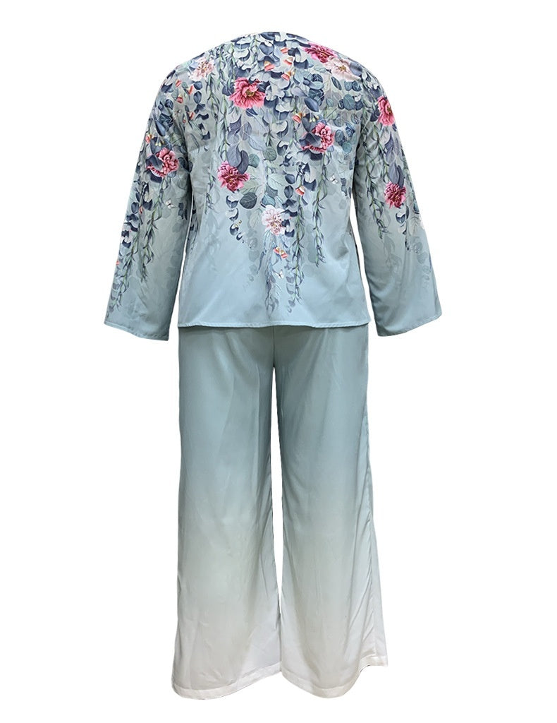 Temperament Printed Round Neck Ankle Banded Pants Two-piece Set