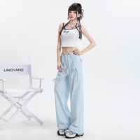 Straight Cargo Pants Women Bow Drawstring Wide Leg Track Pants