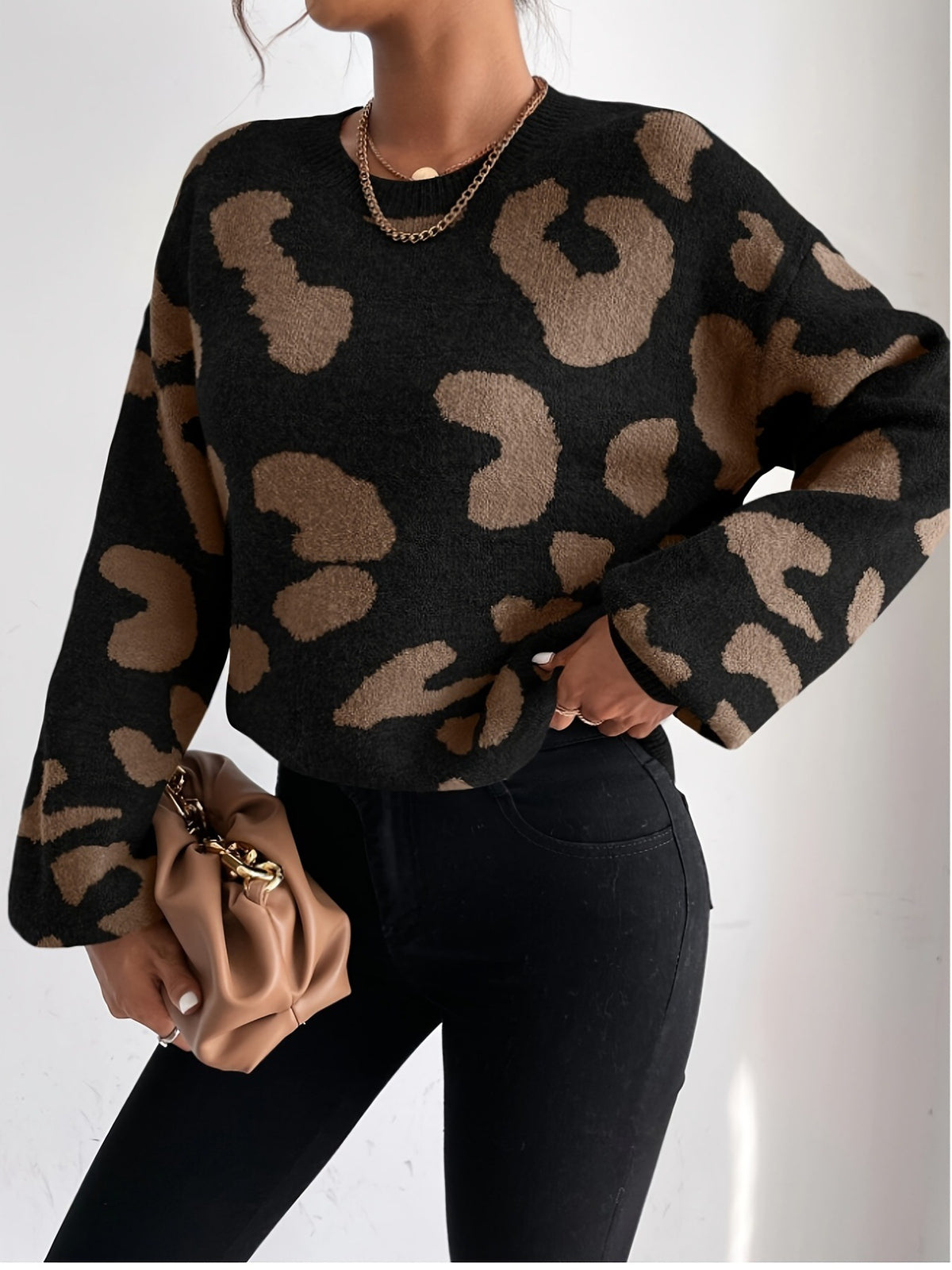 Leopard Print Off-shoulder Fluffy Knitted Round Neck Sweater