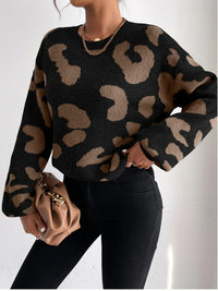 Leopard Print Off-shoulder Fluffy Knitted Round Neck Sweater