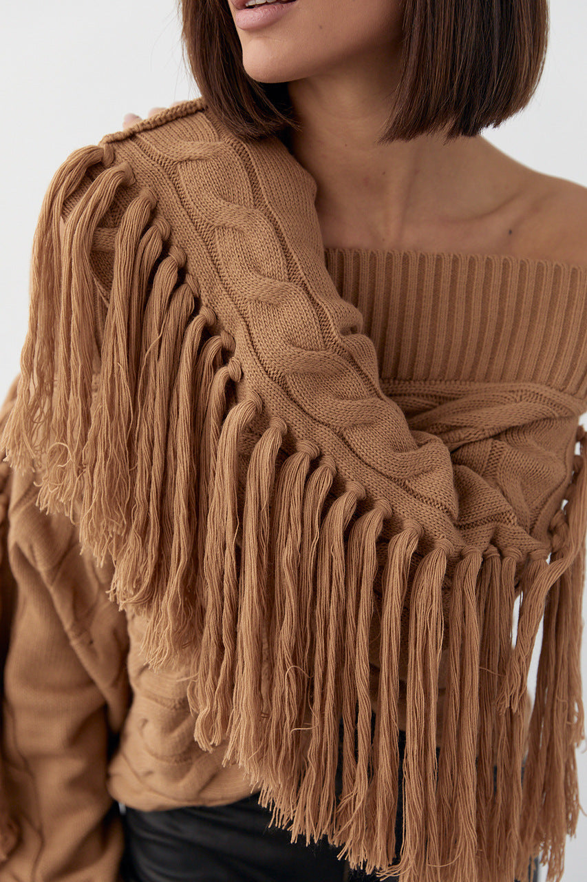 Pure Color Elegant Style Woolen Tassel Design Sweater Autumn And Winter