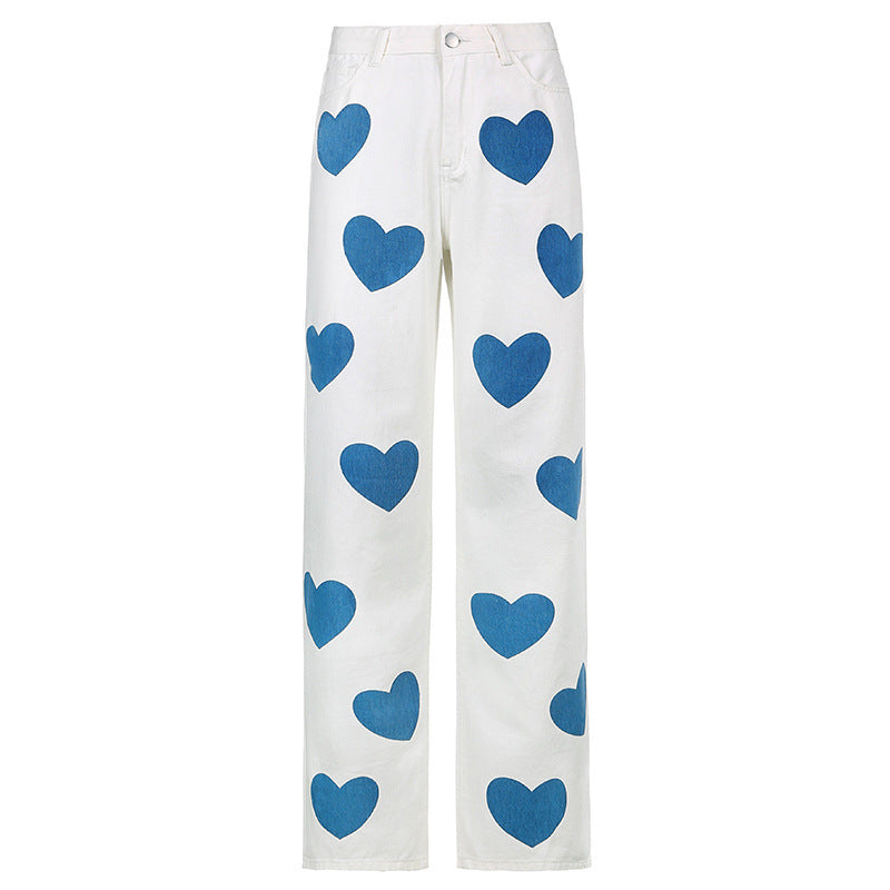 Women's Heart Print Contrast High Waist Denim Straight Pants