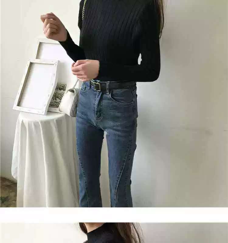 Hollow Striped Mock-neck Bottoming Shirt Women's Sweater