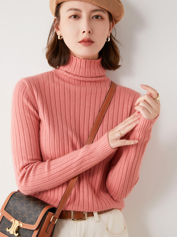 Ladies Solid Color Pit Strip Long Sleeve Wool Knit Sweater