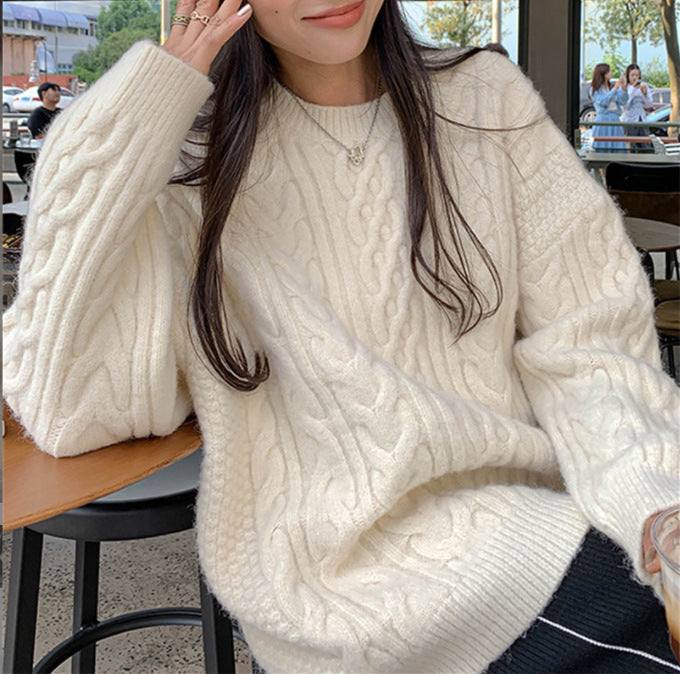 Women's Fashion Round Neck Retro Pullover Cable-knit Sweater