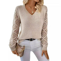 V-neck Hollow Sleeves Solid Color Sweater