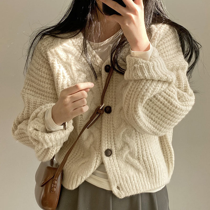 Women's V-neck Puff Sleeve Linen Pattern Loose Knitted Cardigan Sweater Coat