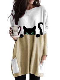 Women's Black Cat Print Round Neck Contrast Color Patchwork Pocket Long Sleeve T-shirt