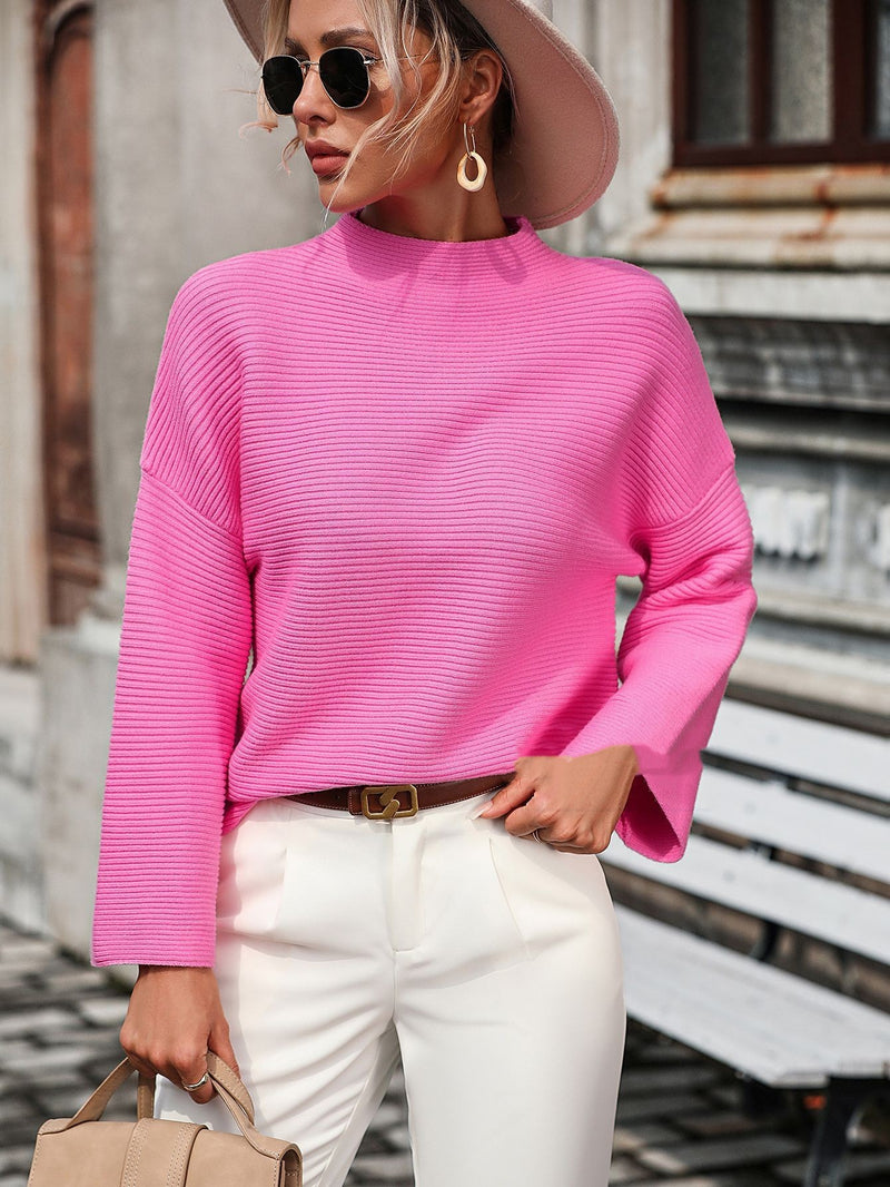 Women's Knitted Sweater With Nine-quarter Sleeves And Solid Color