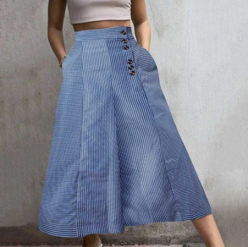 New Style Decorative Buckle Irregular Stripes Loose Loose Casual Wide-Leg Trousers