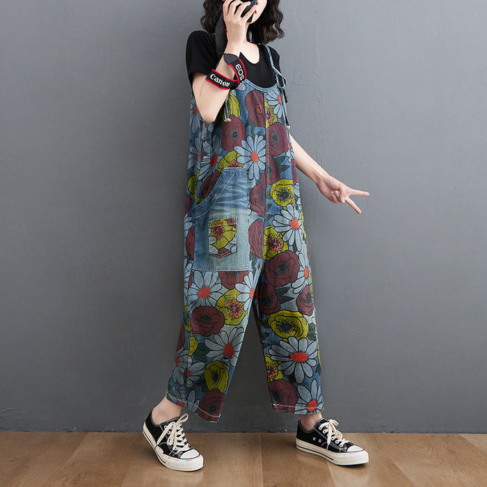 Korean New Literary Style Jeans Printed Suspenders Women