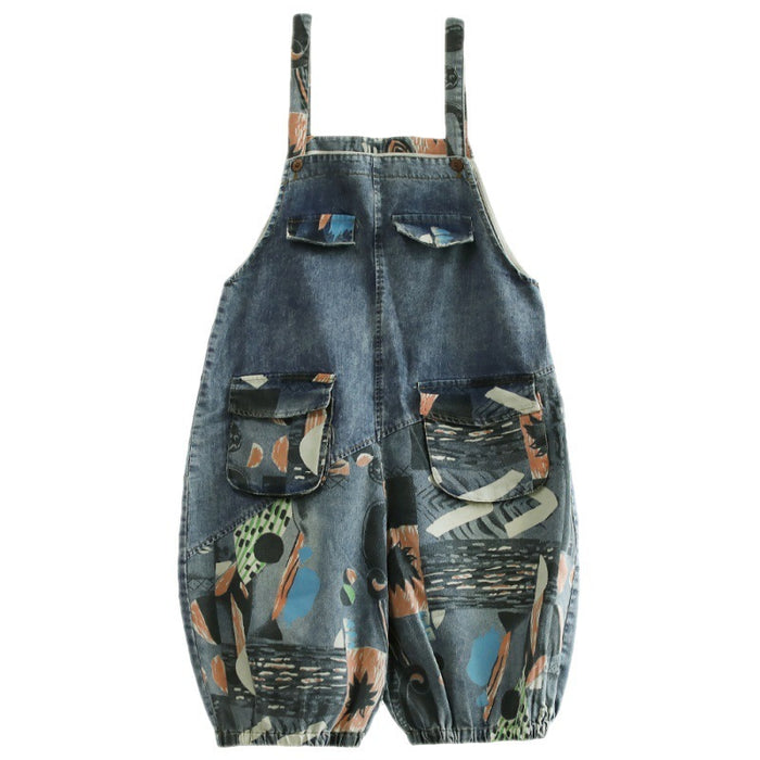 Women's Printed Denim Bloomers Split Overalls