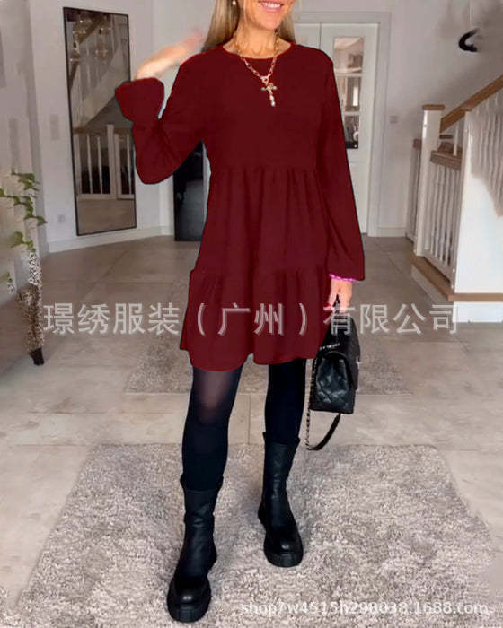 Round Neck Solid Color Stitching Long Sleeve Loose Dress Women