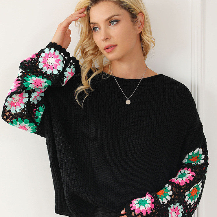 Women's Casual Loose Floral Crochet Knitted Sweater