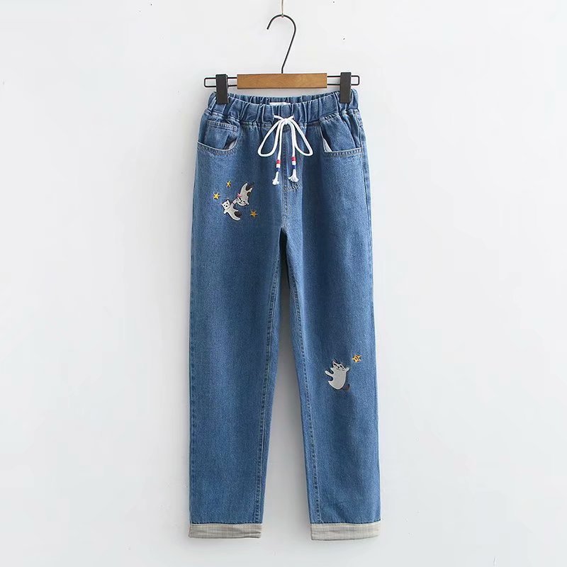 Old elastic waist lace up embroidered star denim pants