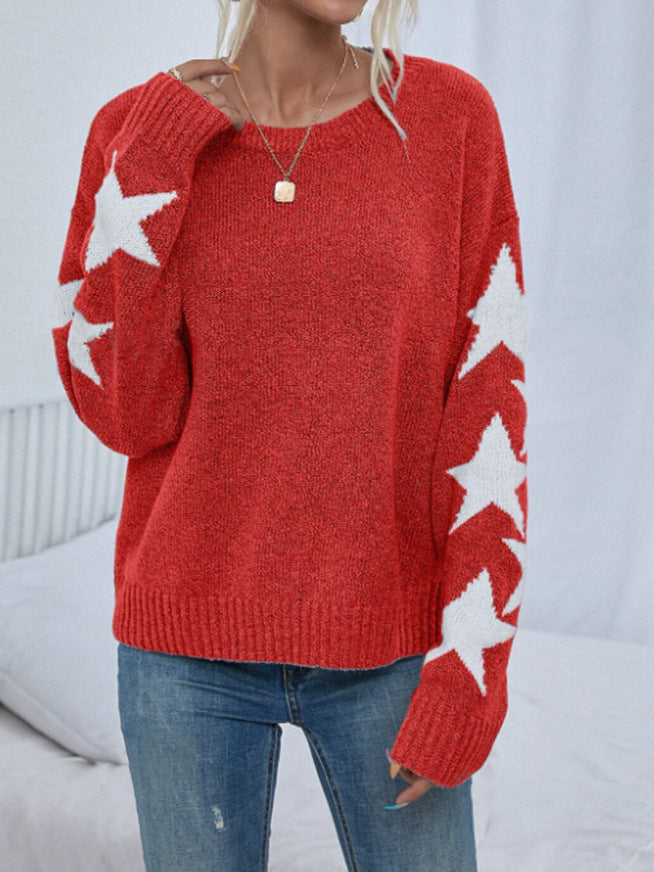 Women's Knitted Sweater Fashion Solid Color Five-pointed Star Jacquard Crew Neck Pullover Sweater