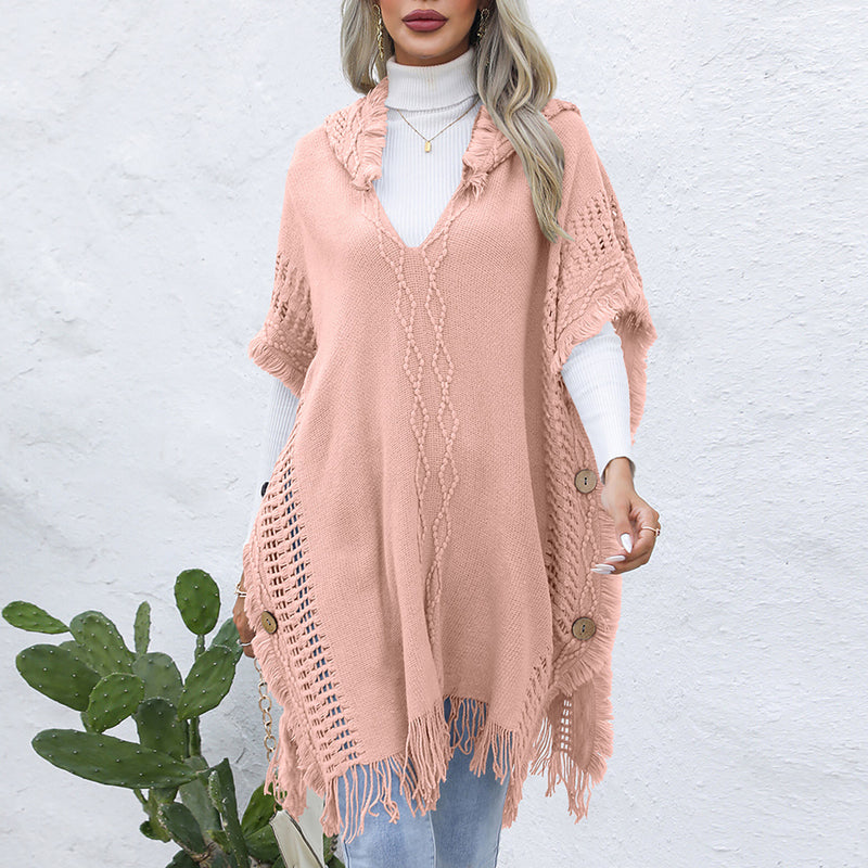 V-neck Hooded Pullover Mid-length Sweater