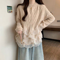 French Style Gentle Patchwork Round Neck Soft Glutinous Sweater Loose Slimming Flounce Top