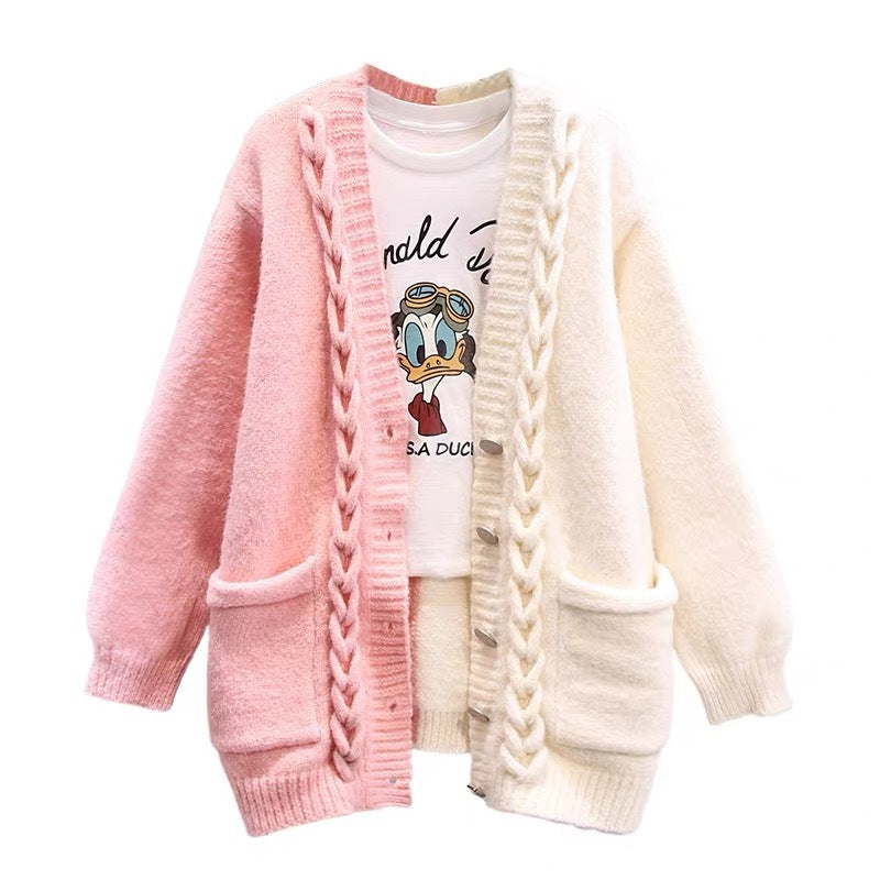 Color Contrast Patchwork Single-breasted Sweater Coat